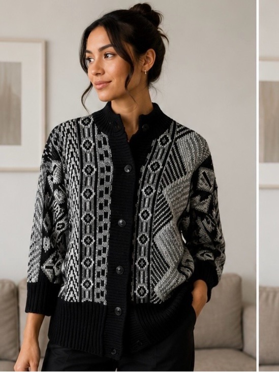 Vintage Sweaters - Vintage Grandpa Chunky Knit Button Cardigan Black Gray Size L